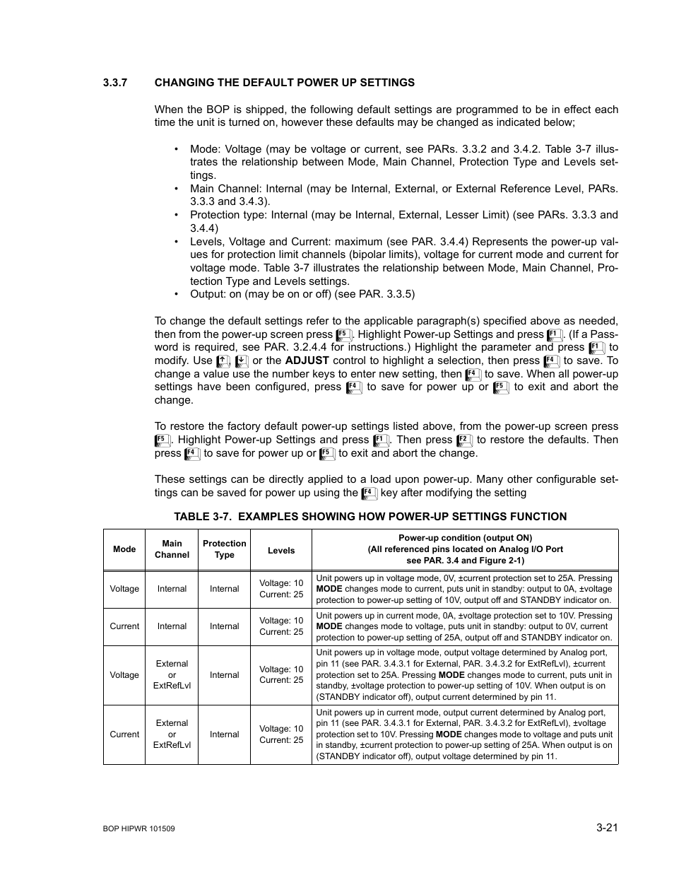 7 changing the default power up settings, Changing the default power up settings -21, R. 3.3.7). t | R. 3.3.7, Ar. 3.3.7) | KEPCO BOP 1KW-MG Operator Manual, Firmware Ver.2.48 to 3.04 User Manual | Page 85 / 188