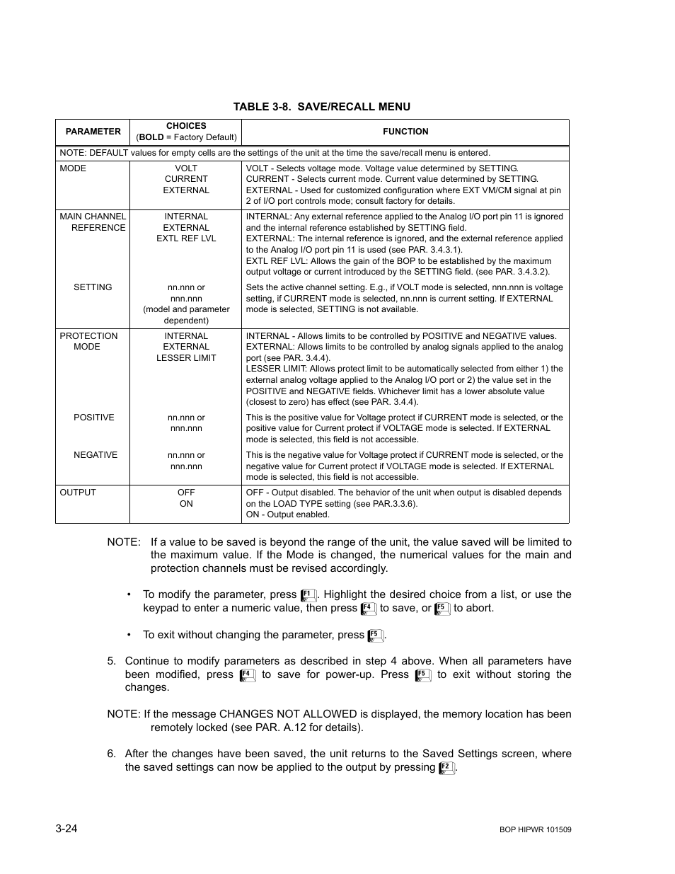 Table 3-8. save/recall menu, Save/recall menu -24, 8 ar | KEPCO BOP 1KW-MG Operator Manual, Firmware Ver.2.48 to 3.04 User Manual | Page 88 / 188