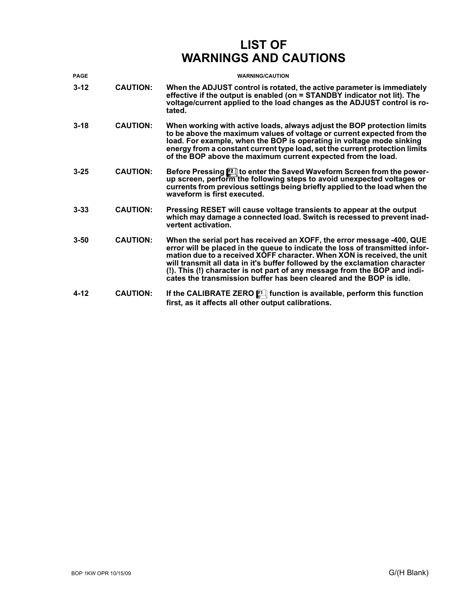 List of warnings and cautions | KEPCO BOP 1KW-MG Operator Manual, Firmware Ver.2.48 to 3.04 User Manual | Page 9 / 188