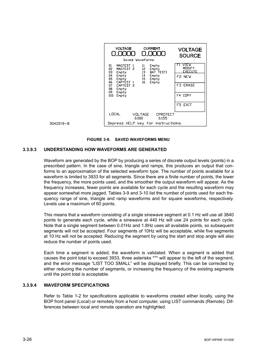 Figure 3-9. saved waveforms menu, 3 understanding how waveforms are generated, 4 waveform specifications | Understanding how waveforms are generated -26, Waveform specifications -26, Saved waveforms menu -26, E 3-9): cho | KEPCO BOP 1KW-MG Operator Manual, Firmware Ver.2.48 to 3.04 User Manual | Page 90 / 188
