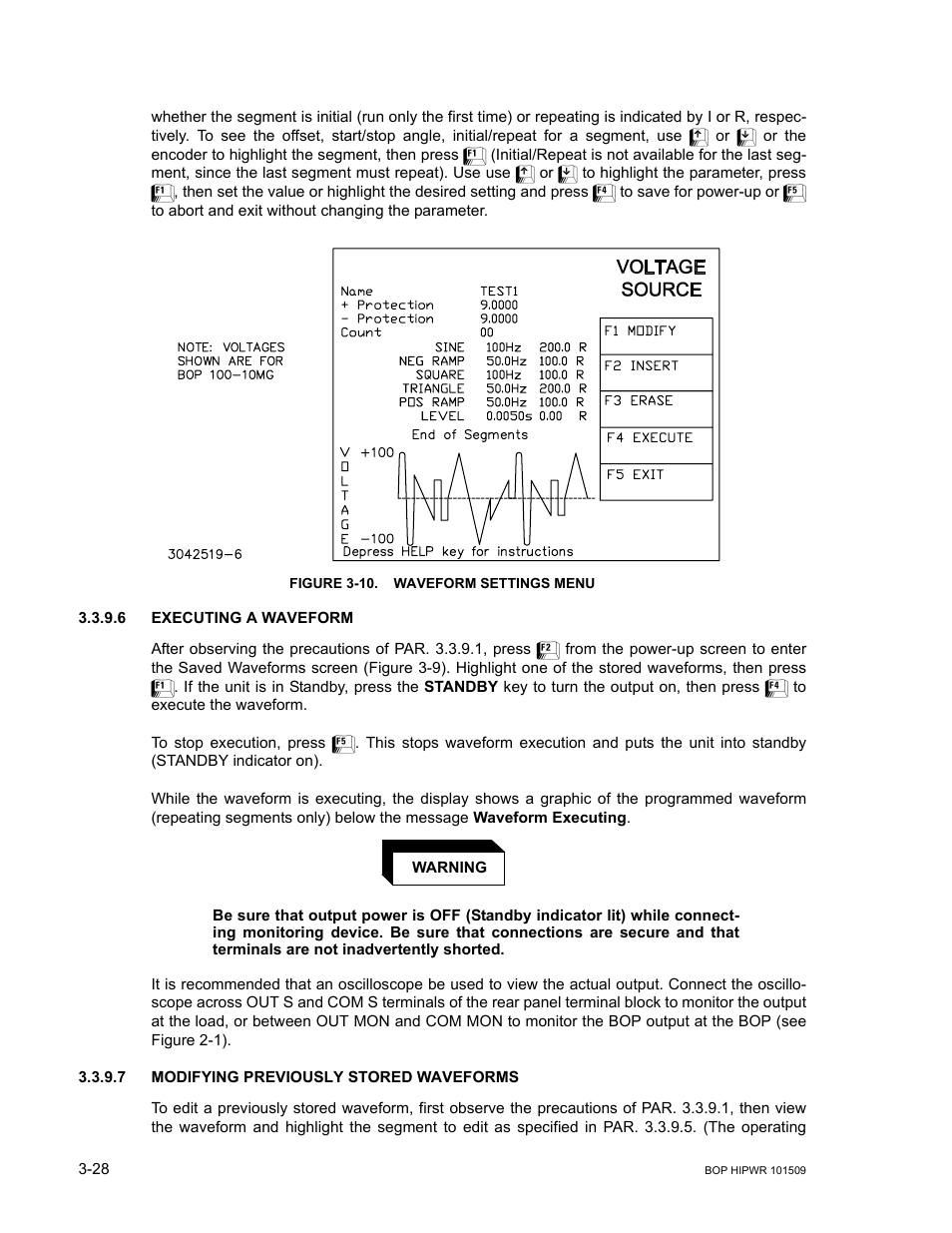 Figure 3-10. waveform settings menu, 6 executing a waveform, 7 modifying previously stored waveforms | Executing a waveform -28, Modifying previously stored waveforms -28, 10 waveform settings menu -28, Igure 3-10) | KEPCO BOP 1KW-MG Operator Manual, Firmware Ver.2.48 to 3.04 User Manual | Page 92 / 188