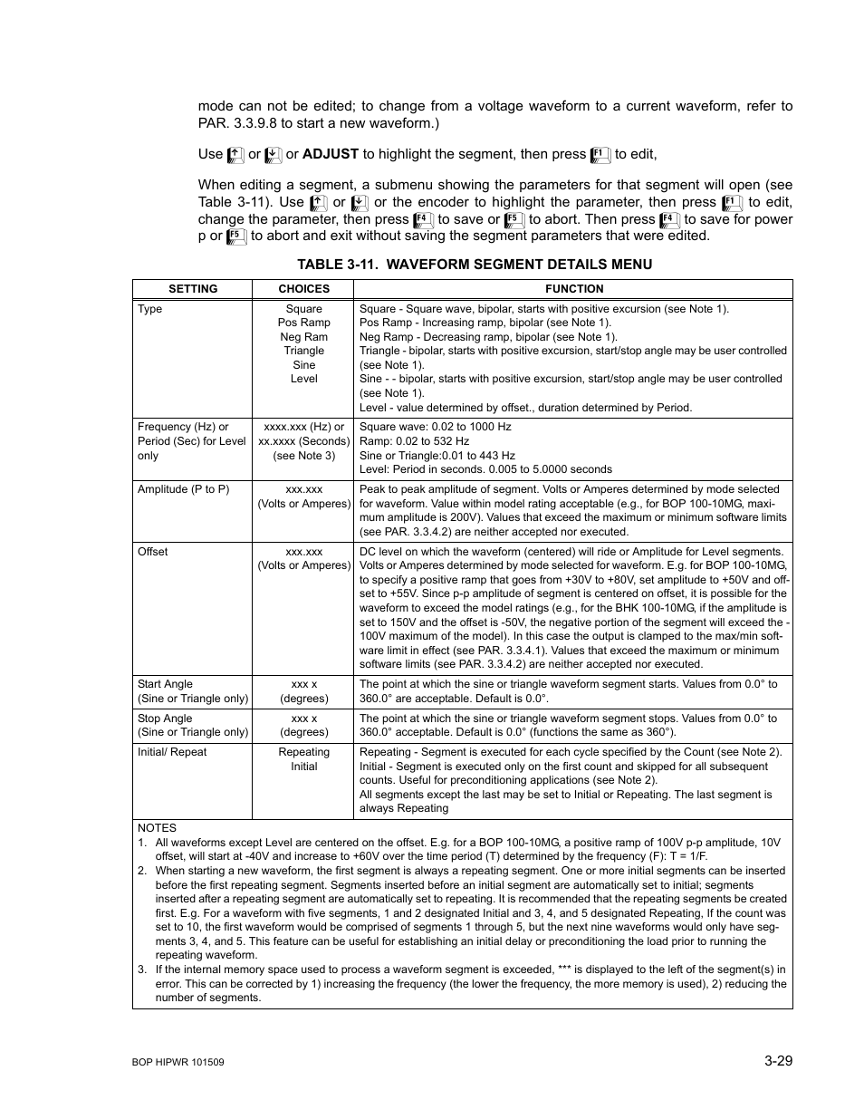 Table 3-11. waveform segment details menu, 11 waveform segment details menu -29, Able 3-11) | KEPCO BOP 1KW-MG Operator Manual, Firmware Ver.2.48 to 3.04 User Manual | Page 93 / 188