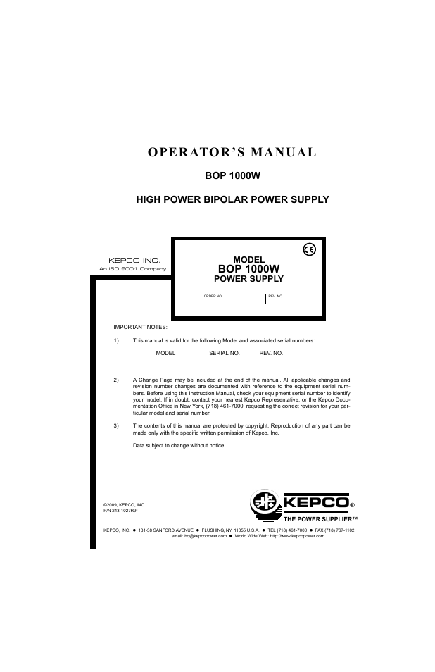 KEPCO BOP 1KW-MG Operator Manual, Firmware Ver.2.38 to 2.47 User Manual | 188 pages