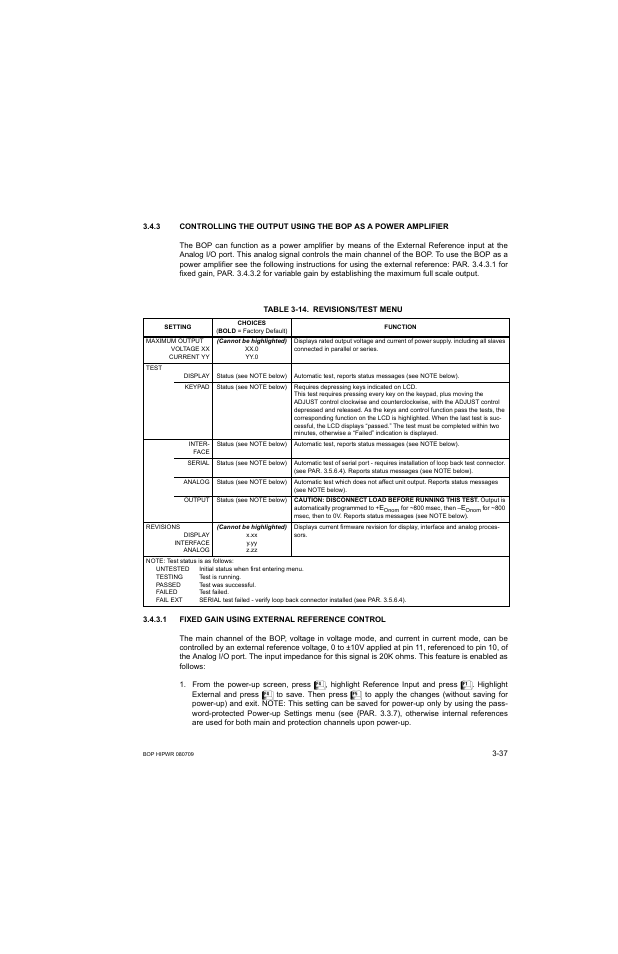 Table 3-14. revisions/test menu, 1 fixed gain using external reference control, Fixed gain using external reference control -37 | 14 revisions/test menu -37, R. 3.4.3.1, Le 3-14), R. 3.4.3.1 for, Ar. 3.4.3) | KEPCO BOP 1KW-MG Operator Manual, Firmware Ver.2.38 to 2.47 User Manual | Page 101 / 188