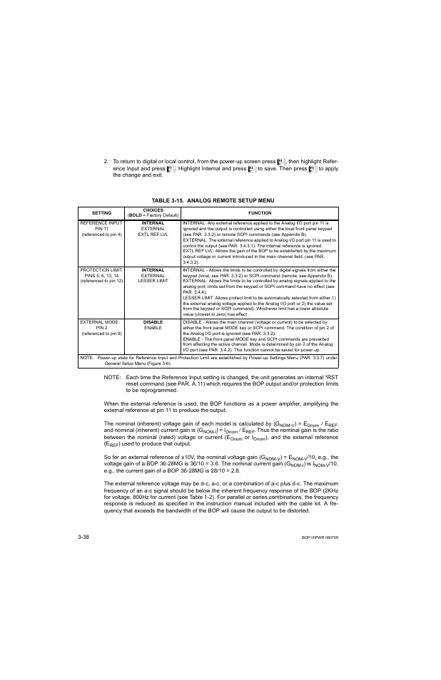 Table 3-15. analog remote setup menu, 15 analog remote setup menu -38, 15): r | 15 list the | KEPCO BOP 1KW-MG Operator Manual, Firmware Ver.2.38 to 2.47 User Manual | Page 102 / 188