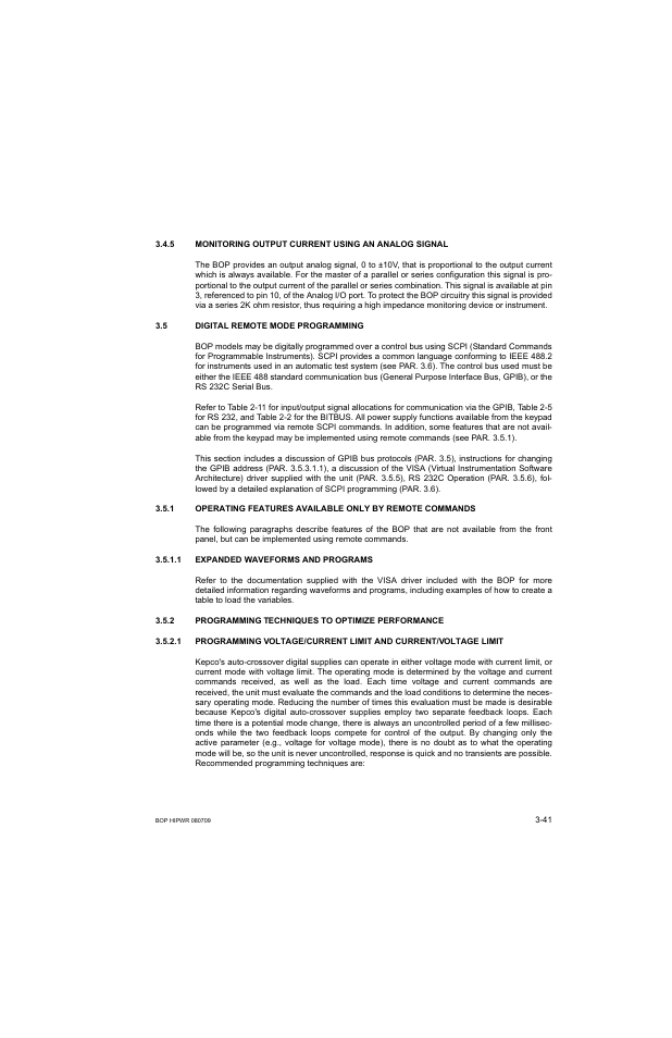 5 monitoring output current using an analog signal, 5 digital remote mode programming, 1 expanded waveforms and programs | 2 programming techniques to optimize performance, Digital remote mode programming -41, Expanded waveforms and programs -41, Programming techniques to optimize performance -41, R. 3.5 for, Ar. 3.4.5) | KEPCO BOP 1KW-MG Operator Manual, Firmware Ver.2.38 to 2.47 User Manual | Page 105 / 188