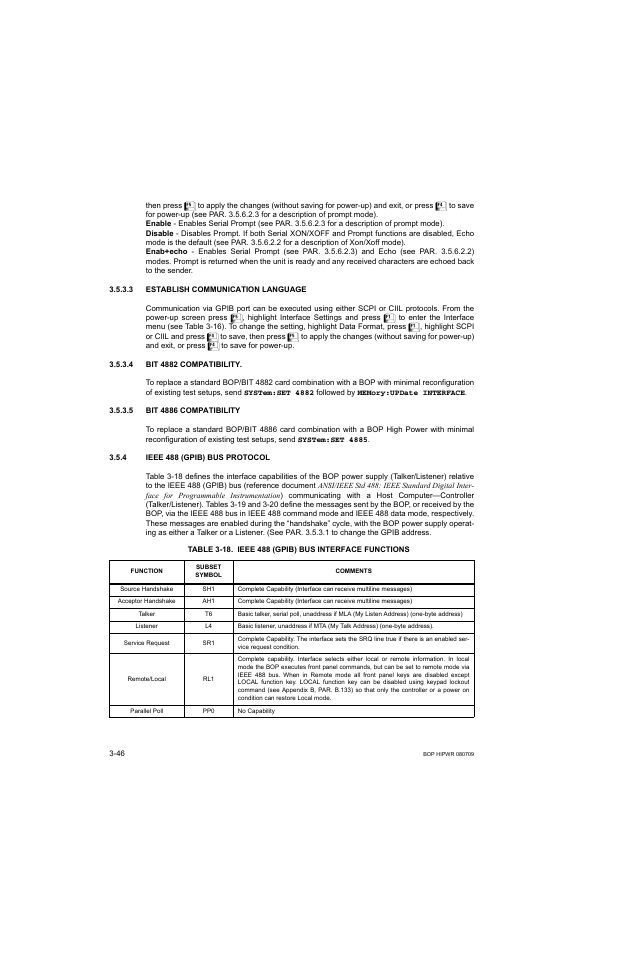 3 establish communication language, 4 bit 4882 compatibility, 5 bit 4886 compatibility | 4 ieee 488 (gpib) bus protocol, Establish communication language -46, Bit 4882 compatibility -46, Bit 4886 compatibility -46, Ieee 488 (gpib) bus protocol -46, 18 ieee 488 (gpib) bus interface functions -46, R. 3.5.3.4 | KEPCO BOP 1KW-MG Operator Manual, Firmware Ver.2.38 to 2.47 User Manual | Page 110 / 188