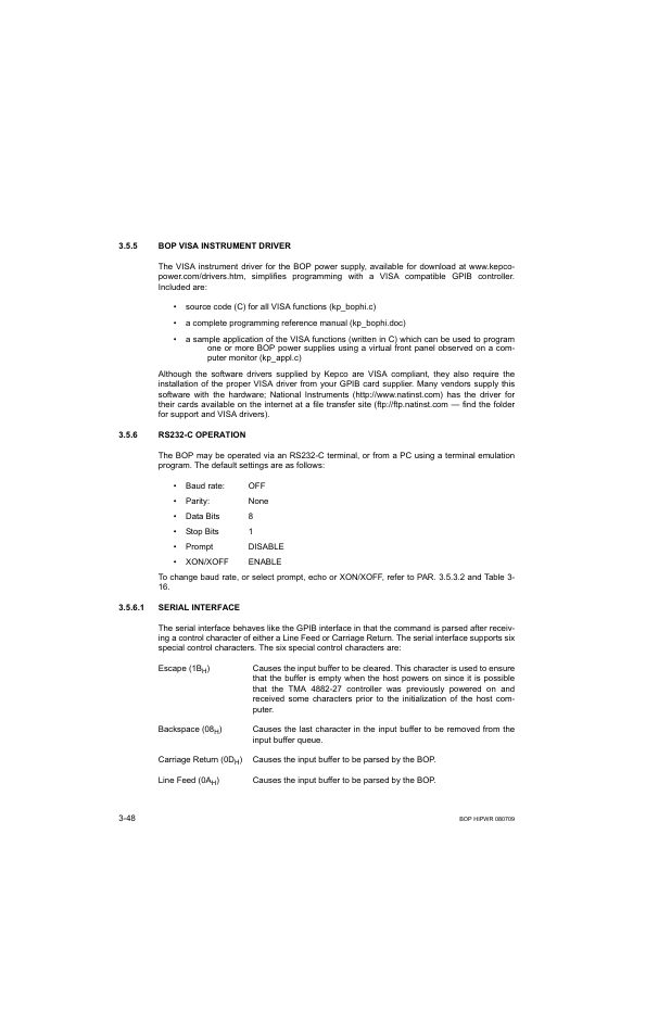 5 bop visa instrument driver, 6 rs232-c operation, 1 serial interface | Bop visa instrument driver -48, Rs232-c operation -48, Serial interface -48, R. 3.5.6 | KEPCO BOP 1KW-MG Operator Manual, Firmware Ver.2.38 to 2.47 User Manual | Page 112 / 188