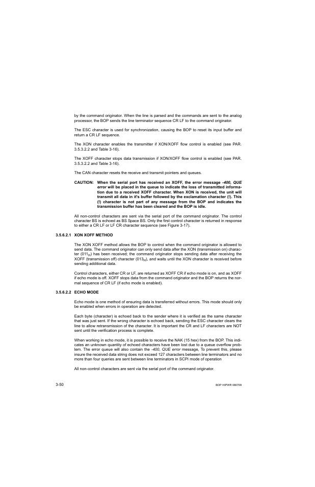 1 xon xoff method, 2 echo mode, Caution | Xon xoff method -50, Echo mode -50 | KEPCO BOP 1KW-MG Operator Manual, Firmware Ver.2.38 to 2.47 User Manual | Page 114 / 188