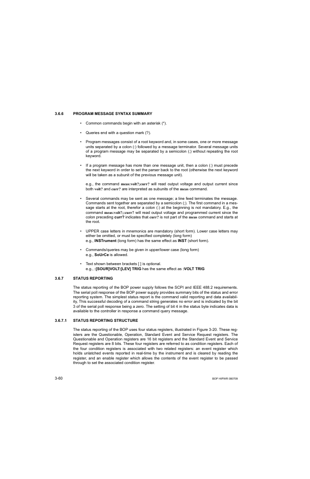 6 program message syntax summary, 7 status reporting, 1 status reporting structure | Program message syntax summary -60, Status reporting -60, Status reporting structure -60 | KEPCO BOP 1KW-MG Operator Manual, Firmware Ver.2.38 to 2.47 User Manual | Page 124 / 188