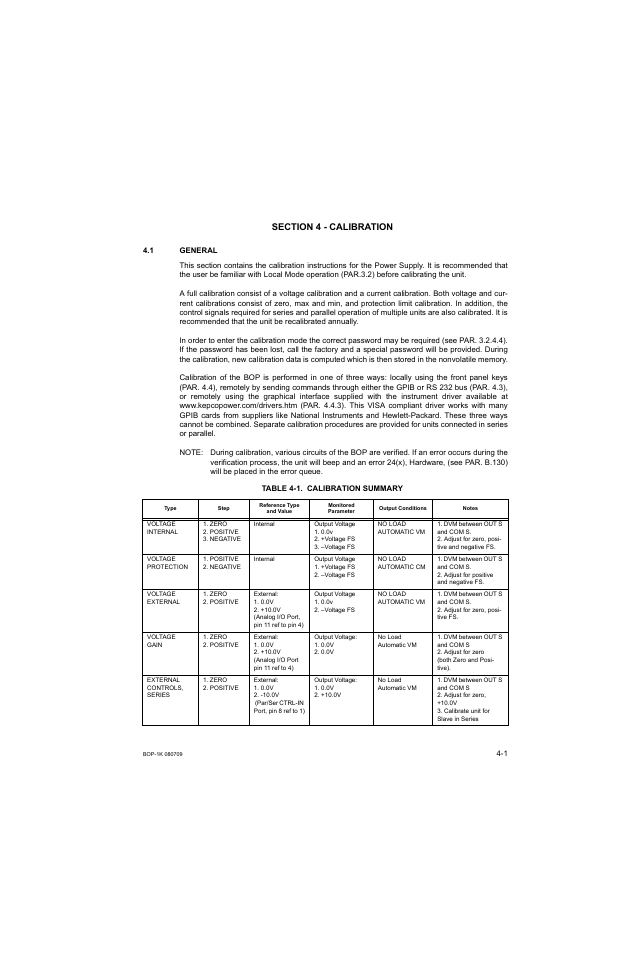 Section 4 - calibration, 1 general, Table 4-1. calibration summary | General -1, Calibration summary -1 | KEPCO BOP 1KW-MG Operator Manual, Firmware Ver.2.38 to 2.47 User Manual | Page 129 / 188