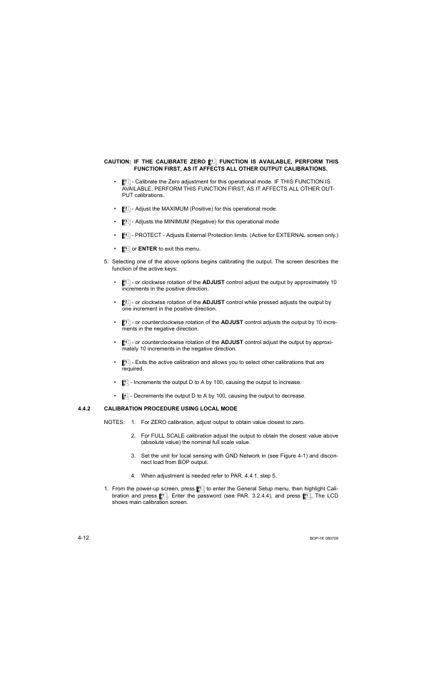 2 calibration procedure using local mode, Caution, If the calibrate zero | Calibration procedure using local mode -12, R. 4.4.2 | KEPCO BOP 1KW-MG Operator Manual, Firmware Ver.2.38 to 2.47 User Manual | Page 140 / 188