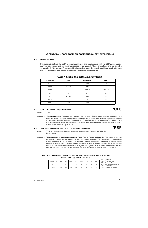 Appendix a - scpi common command/query definitions, A.1 introduction, Table a-1. ieee 488.2 command/query index | A.2 *cls — clear status command, A.3 *ese — standard event status enable command | KEPCO BOP 1KW-MG Operator Manual, Firmware Ver.2.38 to 2.47 User Manual | Page 145 / 188