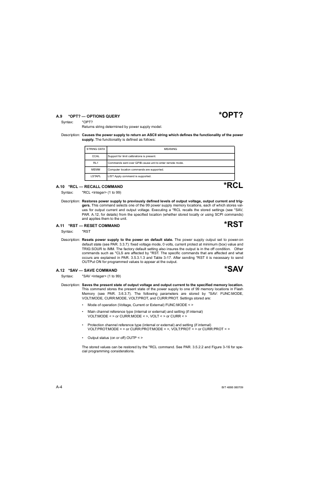 A.9 *opt? — options query, A.10 *rcl — recall command, A.11 *rst — reset command | A.12 *sav — save command, A.10, A.11, A.12, R. a.12 for, A.11) | KEPCO BOP 1KW-MG Operator Manual, Firmware Ver.2.38 to 2.47 User Manual | Page 148 / 188