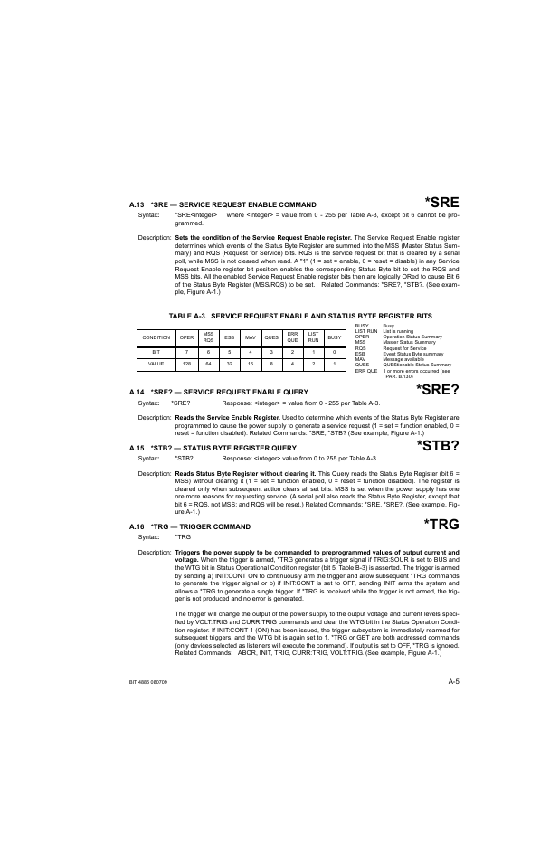 A.13 *sre — service request enable command, A.14 *sre? — service request enable query, A.15 *stb? — status byte register query | A.16 *trg — trigger command, A.13, A.14, A.15, A.16 | KEPCO BOP 1KW-MG Operator Manual, Firmware Ver.2.38 to 2.47 User Manual | Page 149 / 188