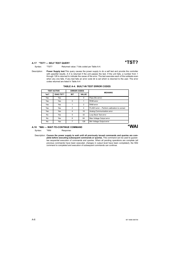 A.17 *tst? — self test query, Table a-4. built-in test error codes, A.18 *wai — wait-to-continue command | A.17, A.18, H a.18, ar | KEPCO BOP 1KW-MG Operator Manual, Firmware Ver.2.38 to 2.47 User Manual | Page 150 / 188