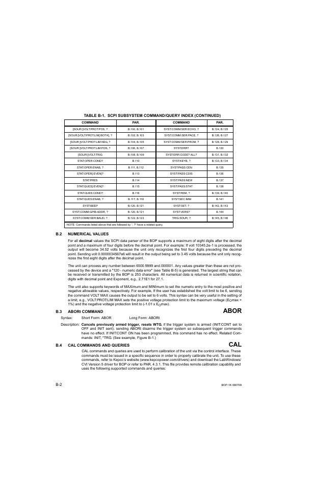B.2 numerical values, B.3 abort command, B.4 cal commands and queries | Abor, R. b.3 thr | KEPCO BOP 1KW-MG Operator Manual, Firmware Ver.2.38 to 2.47 User Manual | Page 152 / 188