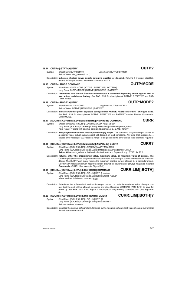 B.14 output[:state] query, B.15 output:mode command, B.16 output:mode? query | B.19 [source:]current[:level]:limit[:both] command, B.20 [source:]current[:level]:limit[:both]? query, B.14, Outp, B.15, B.16, B.17 | KEPCO BOP 1KW-MG Operator Manual, Firmware Ver.2.38 to 2.47 User Manual | Page 157 / 188