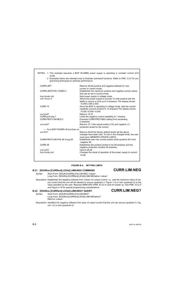 Figure b-4. setting limits, B.21 [source:]current[:level]:limit:neg command, B.22 [source:]current[:level]:limit:neg? query | B.21, Sour, B.22, B.21, b.22, Curr:lim:neg | KEPCO BOP 1KW-MG Operator Manual, Firmware Ver.2.38 to 2.47 User Manual | Page 158 / 188