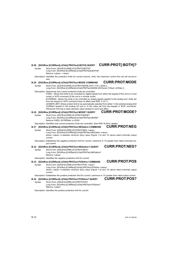 B.28 [source:]current[:level]:protect[:both] query, B.29 [source:]current[:level]:protect:mode command, B.30 [source:]current[:level]:protect:mode? query | B.28, Sour, B.29, B.30, B.31, B.32, B.33 | KEPCO BOP 1KW-MG Operator Manual, Firmware Ver.2.38 to 2.47 User Manual | Page 160 / 188