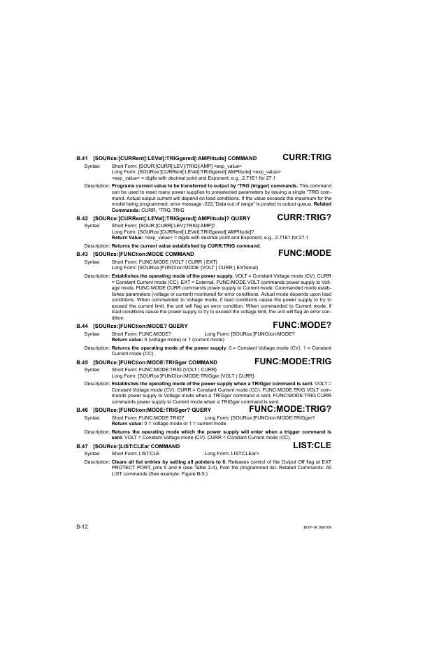 B.43 [source:]function:mode command, B.44 [source:]function:mode? query, B.45 [source:]function:mode:trigger command | B.46 [source:]function:mode:trigger? query, B.47 [source:]list:clear command, B.41, Sour, B.42, B.43, B.44 | KEPCO BOP 1KW-MG Operator Manual, Firmware Ver.2.38 to 2.47 User Manual | Page 162 / 188