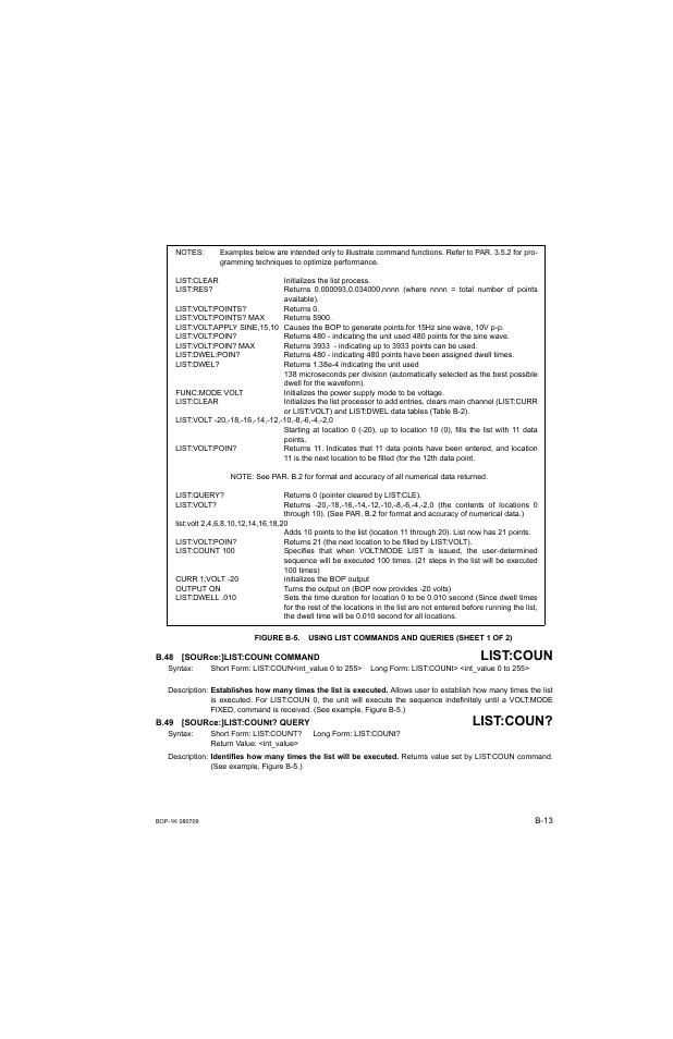 Figure b-5. using list commands and queries, B.48 [source:]list:count command, B.49 [source:]list:count? query | B.48, Sour, B.49, B.48, b.49, List:coun | KEPCO BOP 1KW-MG Operator Manual, Firmware Ver.2.38 to 2.47 User Manual | Page 163 / 188