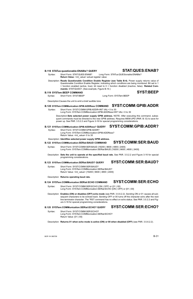 B.118 status:questionable:enable? query, B.119 system:beep command, B.120 system:communication:gpib:address command | B.121 system:communication:gpib:address? query, B.122 system:communication:serial:baud command, B.123 system:communication:serial:baud? query, B.124 system:communication:serial:echo command, B.125 system:communication:serial:echo? query, B.118, Stat | KEPCO BOP 1KW-MG Operator Manual, Firmware Ver.2.38 to 2.47 User Manual | Page 181 / 188