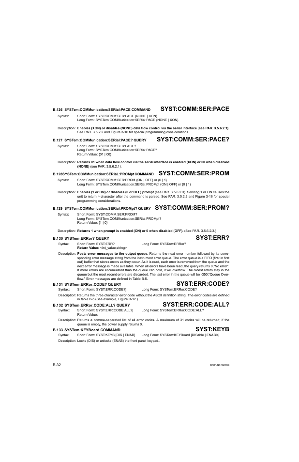 B.126 system:communication:serial:pace command, B.127 system:communication:serial:pace? query, B.128 system:communication:serial:prompt command | B.129 system:communication:serial:prompt? query, B.130 system:error? query, B.131 system:error:code? query, B.132 system:error:code:all? query, B.133 system:keyboard command, B.126, System:communic | KEPCO BOP 1KW-MG Operator Manual, Firmware Ver.2.38 to 2.47 User Manual | Page 182 / 188