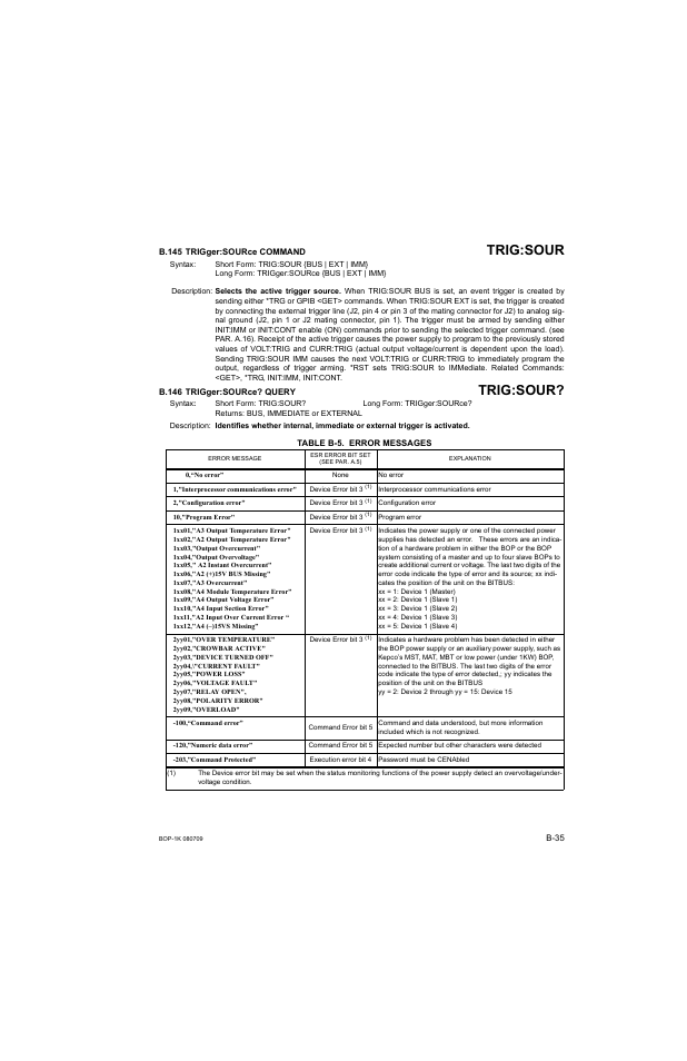 B.145 trigger:source command, B.146 trigger:source? query, Table b-5. error messages | B.145, Trig, B.146, B-5, appendix, H b.146, B-5), B.145, b.146 | KEPCO BOP 1KW-MG Operator Manual, Firmware Ver.2.38 to 2.47 User Manual | Page 185 / 188