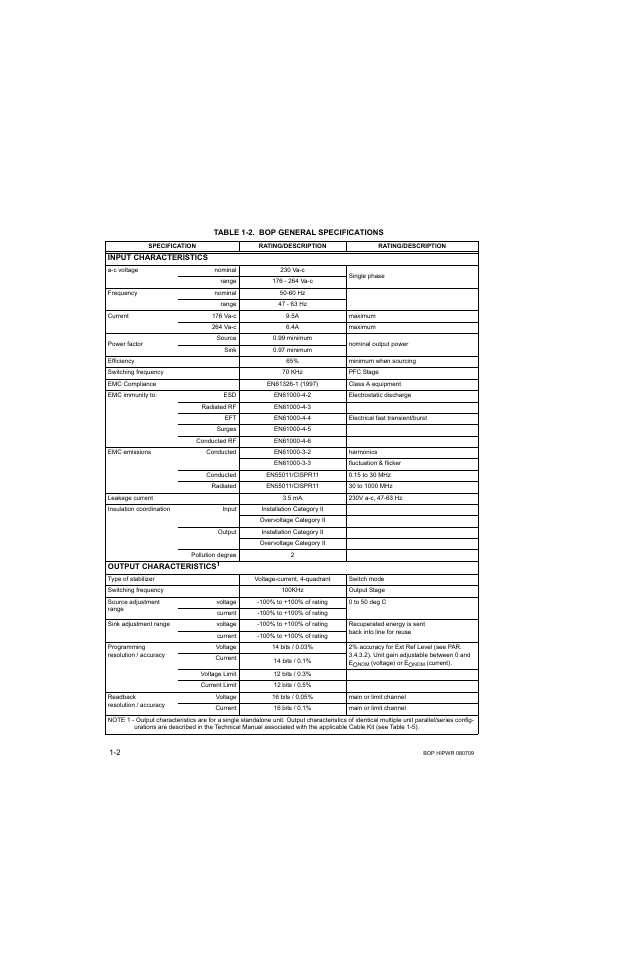 Table 1-2. bop general specifications, Bop general specifications -2 | KEPCO BOP 1KW-MG Operator Manual, Firmware Ver.2.38 to 2.47 User Manual | Page 22 / 188