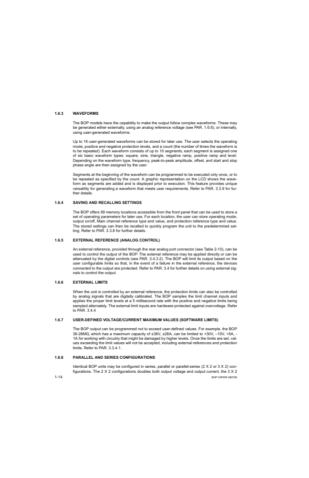 3 waveforms, 4 saving and recalling settings, 5 external reference (analog control) | 6 external limits, 8 parallel and series configurations, Waveforms -14, Saving and recalling settings -14, External reference (analog control) -14, External limits -14, Parallel and series configurations -14 | KEPCO BOP 1KW-MG Operator Manual, Firmware Ver.2.38 to 2.47 User Manual | Page 34 / 188