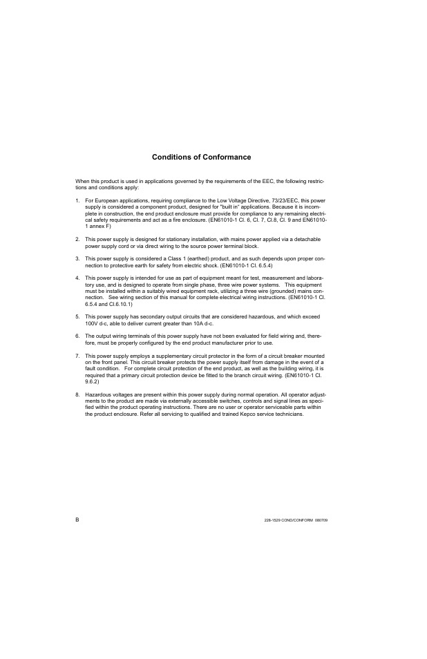 Conditions of conformance | KEPCO BOP 1KW-MG Operator Manual, Firmware Ver.2.38 to 2.47 User Manual | Page 4 / 188