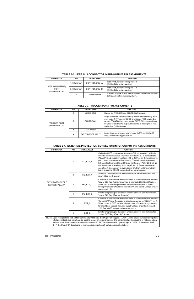 Table 2-3. trigger port pin assignments, Trigger port pin assignments -3, Able 2-4) | Able 2-3), Able 2-4, Able 2-2, Able 2-3, Able 2-2), Able 2-4.) | KEPCO BOP 1KW-MG Operator Manual, Firmware Ver.2.38 to 2.47 User Manual | Page 41 / 188