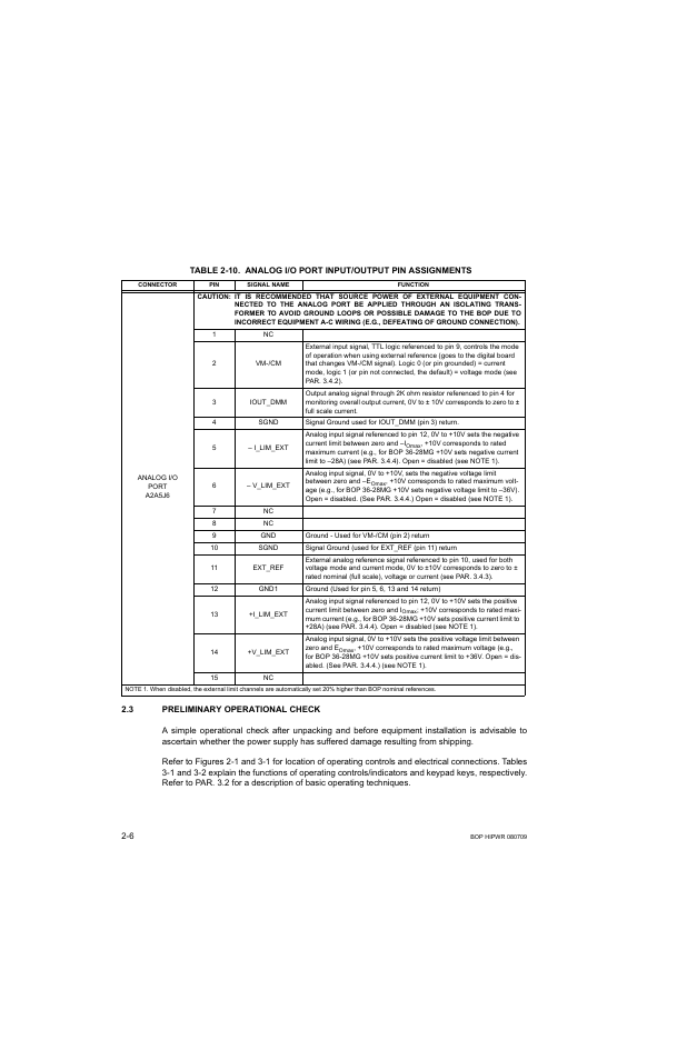 3 preliminary operational check, Caution, A-c wiring (e.g., defeating of ground connection) | Preliminary operational check -6, 10 analog i/o port input/output pin assignments -6, Able 2-10), Able 2-10, R. 2.3, Able 2-10.) | KEPCO BOP 1KW-MG Operator Manual, Firmware Ver.2.38 to 2.47 User Manual | Page 44 / 188