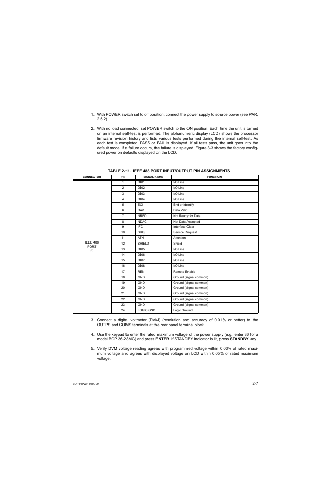 11 ieee 488 port input/output pin assignments -7 | KEPCO BOP 1KW-MG Operator Manual, Firmware Ver.2.38 to 2.47 User Manual | Page 45 / 188