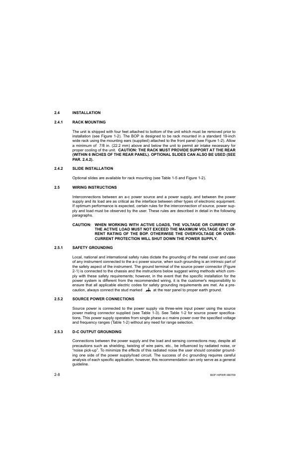 4 installation, 1 rack mounting, 2 slide installation | 5 wiring instructions, 1 safety grounding, 2 source power connections, 3 d-c output grounding, Caution, Er supply, Installation -8 | KEPCO BOP 1KW-MG Operator Manual, Firmware Ver.2.38 to 2.47 User Manual | Page 46 / 188