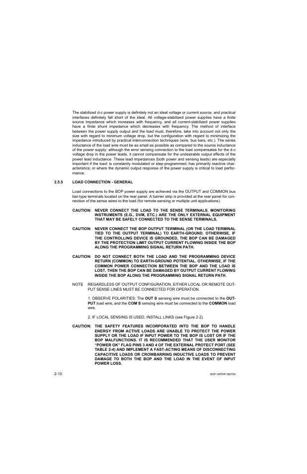 5 load connection - general, Caution, Nected to the sense terminals | Ming signal return path, Load connection - general -10 | KEPCO BOP 1KW-MG Operator Manual, Firmware Ver.2.38 to 2.47 User Manual | Page 48 / 188