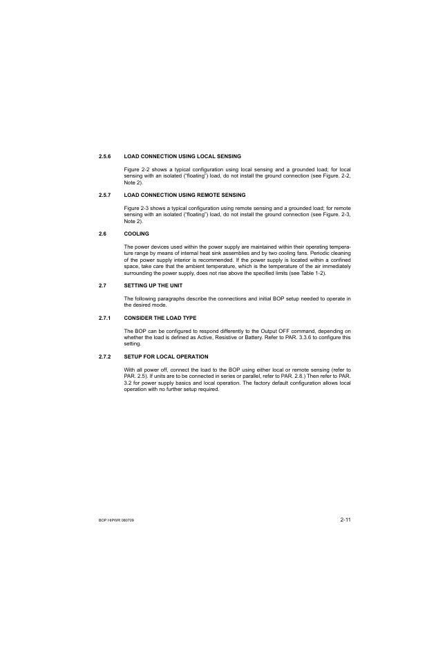6 load connection using local sensing, 7 load connection using remote sensing, 6 cooling | 7 setting up the unit, 1 consider the load type, 2 setup for local operation, Load connection using local sensing -11, Load connection using remote sensing -11, Cooling -11, Setting up the unit -11 | KEPCO BOP 1KW-MG Operator Manual, Firmware Ver.2.38 to 2.47 User Manual | Page 49 / 188