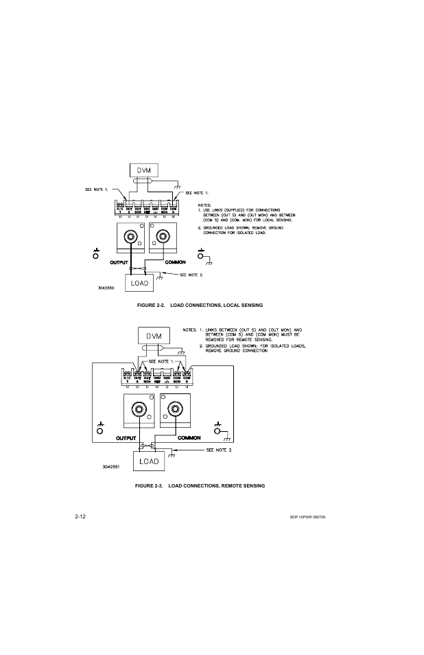 Figure 2-2. load connections, local sensing, Figure 2-3. load connections, remote sensing, Load connections, local sensing -12 | Load connections, remote sensing -12 | KEPCO BOP 1KW-MG Operator Manual, Firmware Ver.2.38 to 2.47 User Manual | Page 50 / 188