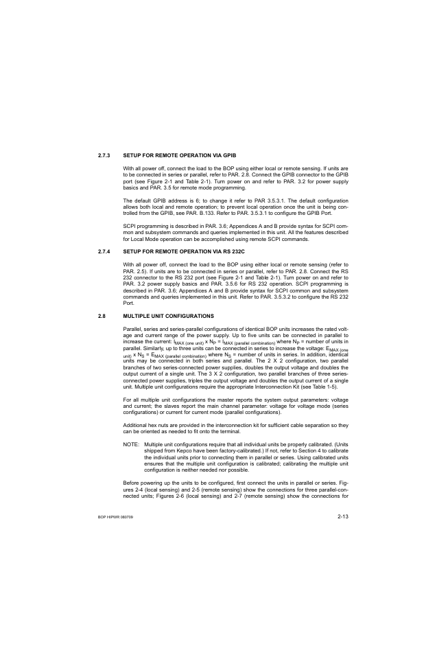 3 setup for remote operation via gpib, 4 setup for remote operation via rs 232c, 8 multiple unit configurations | Setup for remote operation via gpib -13, Setup for remote operation via rs 232c -13, Multiple unit configurations -13, R. 2.8, see t | KEPCO BOP 1KW-MG Operator Manual, Firmware Ver.2.38 to 2.47 User Manual | Page 51 / 188