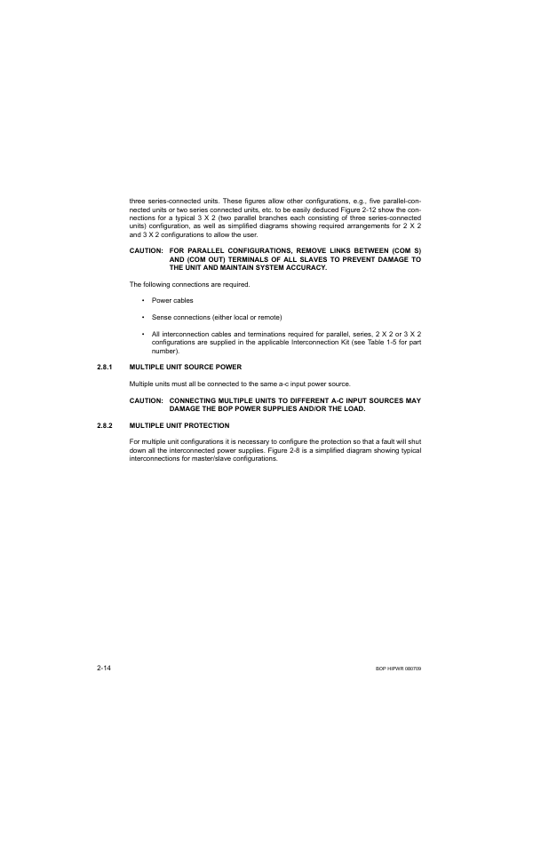 1 multiple unit source power, 2 multiple unit protection, Caution | System accuracy, Bop power supplies and/or the load, Multiple unit source power -14, Multiple unit protection -14 | KEPCO BOP 1KW-MG Operator Manual, Firmware Ver.2.38 to 2.47 User Manual | Page 52 / 188