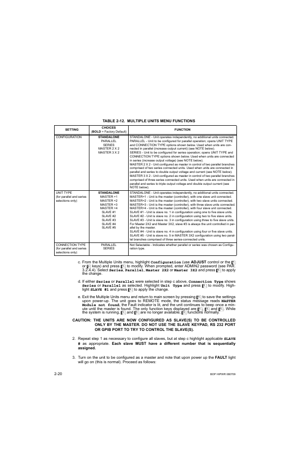 Table 2-12. multiple units menu functions, Slave(s), 12 multiple units menu functions -20 | KEPCO BOP 1KW-MG Operator Manual, Firmware Ver.2.38 to 2.47 User Manual | Page 58 / 188