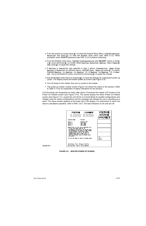 Figure 2-9. master power up screen, Master power up screen -21 | KEPCO BOP 1KW-MG Operator Manual, Firmware Ver.2.38 to 2.47 User Manual | Page 59 / 188