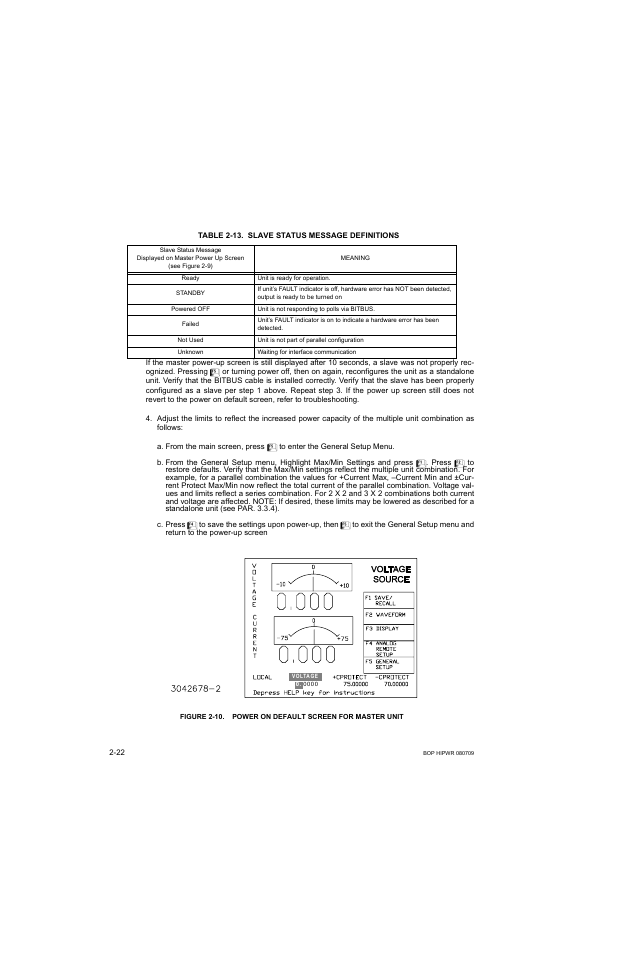 Table 2-13. slave status message definitions, 10 power on default screen for master unit -22, 13 slave status message definitions -22 | KEPCO BOP 1KW-MG Operator Manual, Firmware Ver.2.38 to 2.47 User Manual | Page 60 / 188