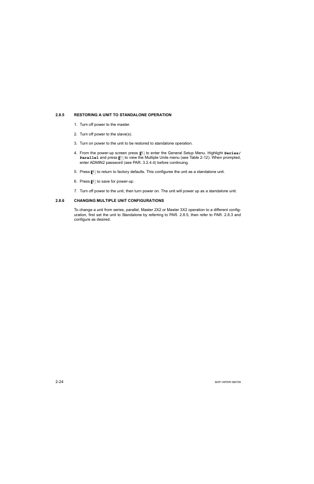 5 restoring a unit to standalone operation, 6 changing multiple unit configurations, Restoring a unit to standalone operation -24 | Changing multiple unit configurations -24, R. 2.8.5, R. 2.8.5. on | KEPCO BOP 1KW-MG Operator Manual, Firmware Ver.2.38 to 2.47 User Manual | Page 62 / 188