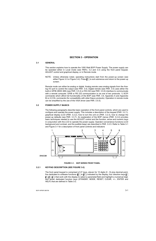 Section 3 - operation, 1 general, 2 power supply basics | Figure 3-1. bop series front panel, 1 keypad description, General -1, Power supply basics -1, Keypad description -1, Bop series front panel -1, 1 an | KEPCO BOP 1KW-MG Operator Manual, Firmware Ver.2.38 to 2.47 User Manual | Page 65 / 188
