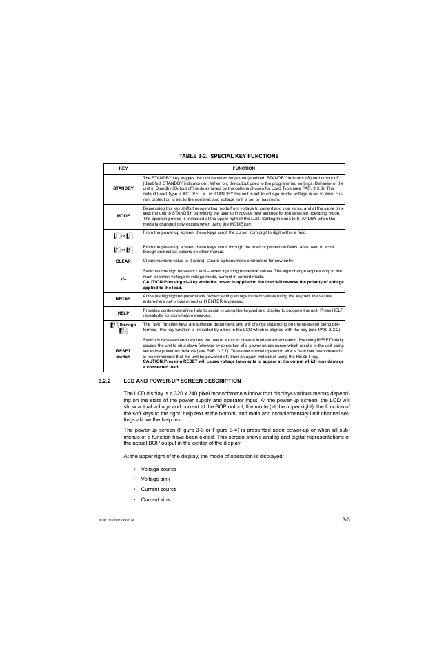 Table 3-2. special key functions, 2 lcd and power-up screen description, Caution | Which may damage a connected load, Lcd and power-up screen description -3, Special key functions -3, Able 3-2, Able 3-2) | KEPCO BOP 1KW-MG Operator Manual, Firmware Ver.2.38 to 2.47 User Manual | Page 67 / 188