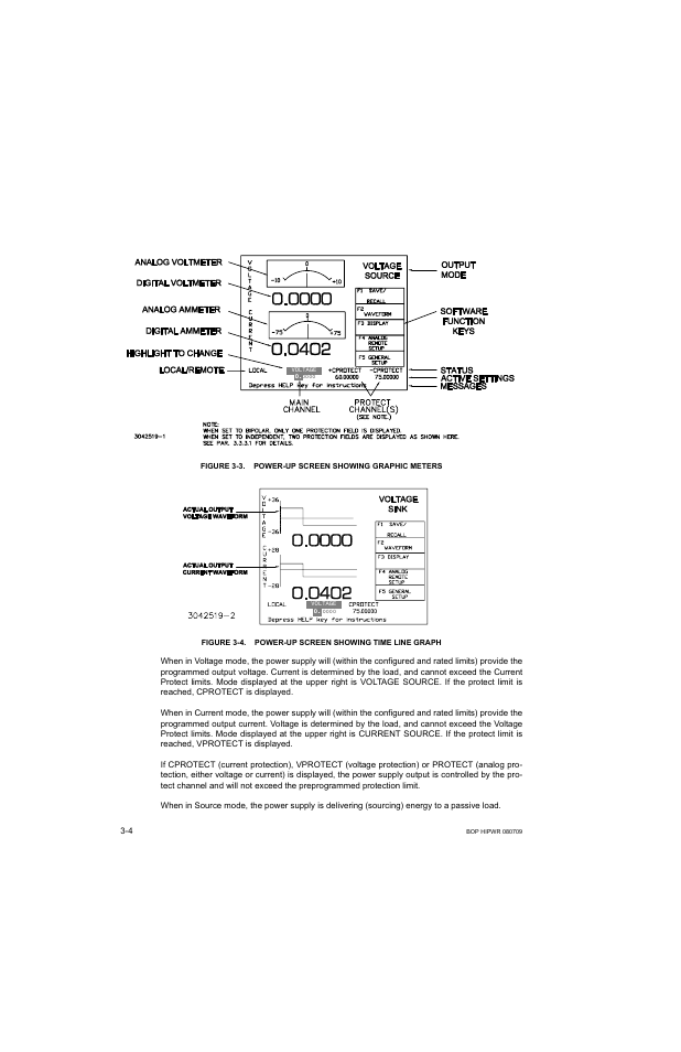 Figure 3-3. power-up screen showing graphic meters, Power-up screen showing graphic meters -4, Power-up screen showing time line graph -4 | E 3-3 | KEPCO BOP 1KW-MG Operator Manual, Firmware Ver.2.38 to 2.47 User Manual | Page 68 / 188