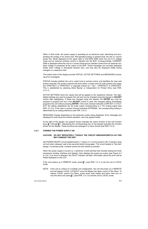 3 turning the power supply on, Caution, The unit | Turning the power supply on -5 | KEPCO BOP 1KW-MG Operator Manual, Firmware Ver.2.38 to 2.47 User Manual | Page 69 / 188