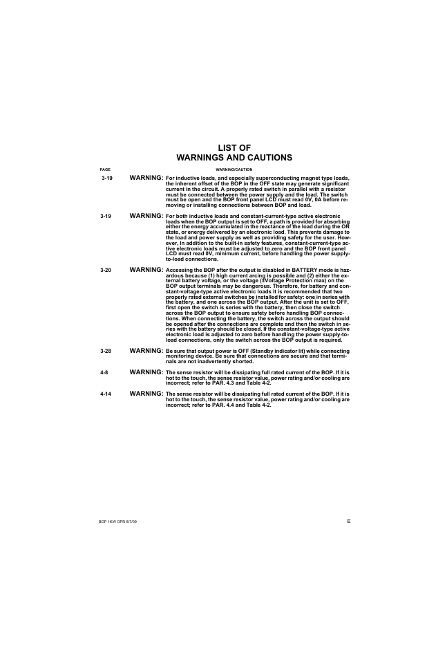 List of warnings and cautions | KEPCO BOP 1KW-MG Operator Manual, Firmware Ver.2.38 to 2.47 User Manual | Page 7 / 188